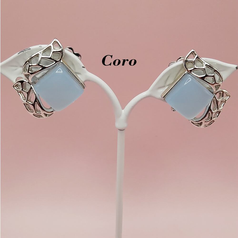 Vintage Coro Moonglow Earrings Blue Silver Tone Clip On 1950s